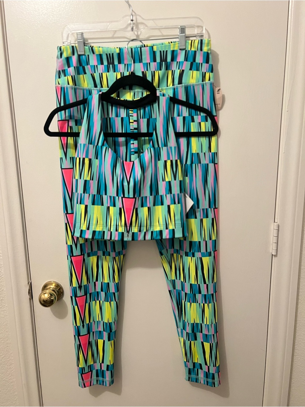 Victoria's Secret Aqua, Neon Yellow & Pink Geo-Print tank and leggings